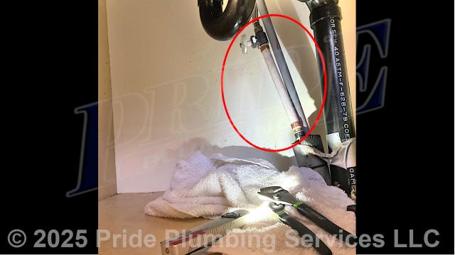 Pride Plumbing was called out for a water leak underneath a bathroom sink. Our inspection found that the leak was coming from a defective hot-side water supply stop. We cut out and replaced the supply stop, a short section of its polybutylene water supply line coming up through the floor with new PEX piping and fittings, replaced the braided stainless steel water supply lines going to the faucet, and tested for leaks with no issues.