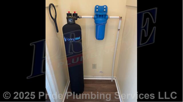 Pride Plumbing came out to install a customer-supplied SpringWell water softener system. This required us to 1) turn the water off to the home; 2) set the water softener system in place beside the bathroom; 3) install and mount brackets and filters to the system; 4) make all the appropriate incoming and outgoing water connections using PEX piping and fittings; and 5) test the system for leaks and proper functionality. We also provided a cost estimate to replace a 40-gallon electric water heater with a new 40-gallon electric model. This would include removing and disposing of the old water heater; installing water heater pads, the new water heater, ball water shut-off valves, PEX and stainless steel water supply lines to the water heater's water connections, a brass drain valve, connecting the unit’s electrical connections (adding a Romex connector), bleeding the air out of the water lines, ensuring that the unit is properly vented, and setting it to its operating temperature.