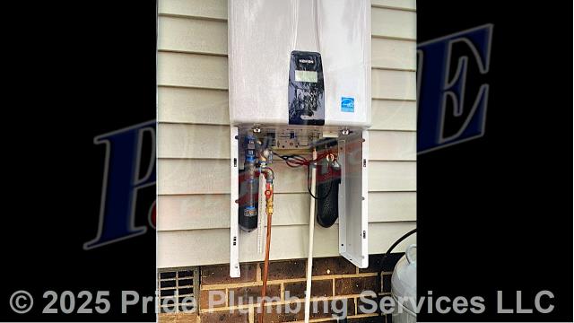 Pride Plumbing came out and replaced a non-working 50-gallon electric Whirlpool water heater with a new Navien 240A2 tankless model with a NAVICIRC recirculation pump. This included: 1) removing and disposing of the old water heater along with its electrical wiring, venting, and water supply lines; 2) installing the new tankless unit along with its service valves, PEX and copper water lines to the unit's water connections, copper LP gas supply line, gas regulator, NAVICIRC recirculating kit, drip leg, gas shutoff valve, and condensation and intake lines; 3) wiring up the unit; 4) ensuring that it was properly vented; and 5) lighting and programming the unit.