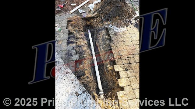Pride Plumbing came out and performed the following work: 1) dug down in the yard to expose and remove a defective section of the outside main sewer septic drain line that was broken and leaking; 2) used a water pressure jetter to ensure that the remaining sewer line was clear of blockages; 3) replaced the defective section of sewer line with new 4-inch PVC piping and fittings, connecting onto the existing drain piping with new Fernco and no-hub couplings; 4) tested the new piping for leaks and working order; and 5) backfilled and tamped the area after the work was completed.