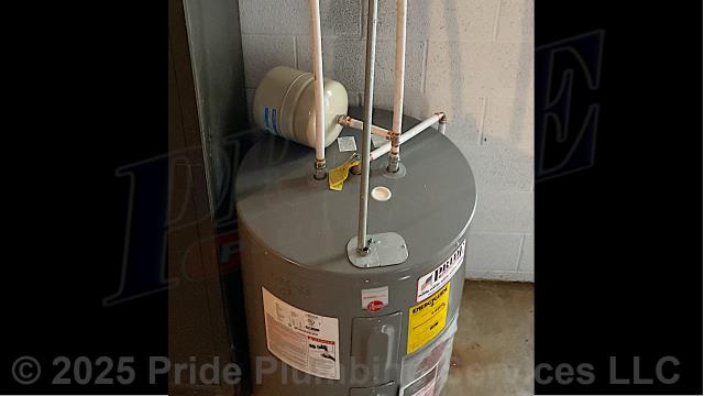 Pride Plumbing came out and replaced a leaking 50-gallon electric Whirlpool lowboy water heater with a new 50-gallon electric Rheem lowboy model. First, after disconnecting its electrical connections and inlet and outlet water lines, we removed and disposed of the old water heater. Then we installed the new water heater, a thermal expansion tank, ball water shut-off valves, PEX and stainless-steel water supply lines to the water heater connectors, a brass drain valve, and wired up the electrical connections to the new water heater (adding a Romex connector). Finally, we bled the air out of the water lines, ensured that the unit’s temperature and pressure (T&P) relief valve was properly vented, and set the unit to its appropriate operating temperature.