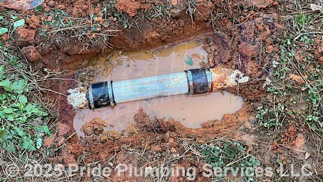 Pride Plumbing was called out for a water leak in the yard. We dug down and found a leak on a section of PVC drain line that had been damaged. We cut out the damaged section of pipe and repaired it with new PVC piping and two Fernco couplings.