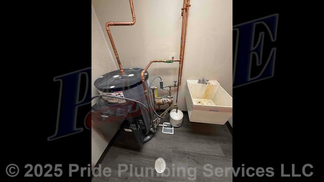 Pride Plumbing came out and connected the inlet and outlet water supply lines going to a water heater with copper piping and ProPress copper fittings along with connecting its thermal expansion tank; installed a Sioux Chief cleanout cap; installed two Sloan flush valves; installed four American Standard Lucerne sinks along with their faucets, water and drain connections, and trap wraps; installed a Utilatub mop sink; installed a ProPlus grid drain; and installed four toilets.