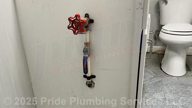 Pride Plumbing was called out for a Kohler toilet tank that would run constantly and not fill. We made an adjustment to the tank's water fill valve and corrected the issue. The customer also had a leaking silcock on the main water supply line coming into the building. We cut out and replaced the silcock, added a new ball water shutoff valve and used PEX piping and fittings to replace short sections of the main water supply line. We tested for leaks with no issues. We also provided a cost estimate to replace the toilet with a new Gerber Viper model. This would include draining and pulling the old toilet, inspecting/cleaning/replacing the flange, replacing the toilet bowl, toilet tank, flapper, water fill valve, tank to bowl gasket and bolts, seat, wax ring gasket, toilet bowl bolts, toilet bowl bolt washers, toilet bowl bolt caps, and above-floor stainless steel braided water supply line.