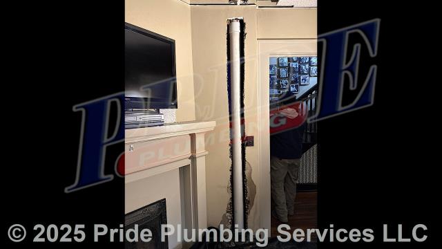 Pride Plumbing came out and, after cutting an access hole in the wall, replaced a leaking cast iron drain line through the floor to under the house in the crawlspace, and to where it tied into the main sewer drain stack, with new PVC piping and fittings, connecting onto the remaining existing cast iron piping with new Fernco couplings.