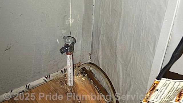 Pride Plumbing was called out to install a water supply stop for a new refrigerator ice maker. The customer opted to have us install a completely new supply stop from the main waterline. We turned the water off to the house, went into the crawlspace, and installed two black roll to PEX pipe adapters and then made the water connections for the new supply stop. We turned the water back on and tested for leaks and the proper function of the ice maker with no issues.