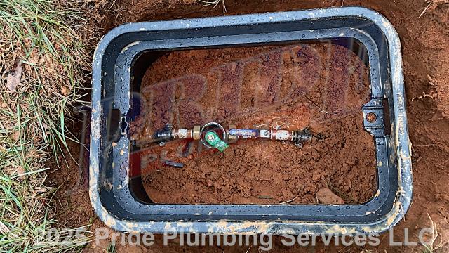 Pride Plumbing was called out for a water leak at a 40-gallon electric Rheem XE40M06ST45U1 water heater. We checked the water heater and found that its temperature and relief valve (T&P) had popped. Then we checked the water pressure in the home, and it was at 130 PSI. We went outside and installed a new Watts LFN45BM1-DU-PEXXPEX pressure reducing valve (PRV) at the water meter, along with a new ball water shutoff valve and short new sections of PEX piping (connecting onto the existing black roll piping with new hose clamps). We replaced the water heater’s T&P valve as well. We retested the home's water pressure after installation, and it was acceptable. We also provided cost estimates to replace the water line from the water meter to the house and to replace the water heater.
