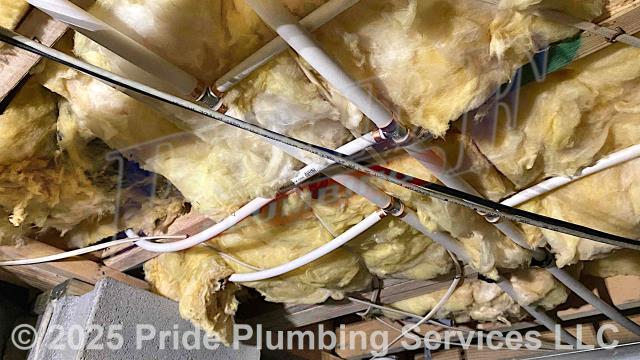 Pride Plumbing came out and performed the following work: 1) repiped and replaced the water supply lines under the house in the crawlspace, going to the fixtures in the kitchen (sink faucet, dishwasher, and ice maker), one bathroom (sink, toilet, and bathtub/shower), the washing machine (installing a new washer box and hot and cold boiler drains), and the water heater, with new PEX piping and fittings (installing new 1/4 turn water shut-off valves on each fixture inside the house along with new above-floor stainless steel water supply lines) and replaced two outside hose bib spigots with new Woodford frost-free models; and 2) installed a new 50-gallon electric Rheem PROE50-M2-RH95 water heater along with a new thermal expansion tank.