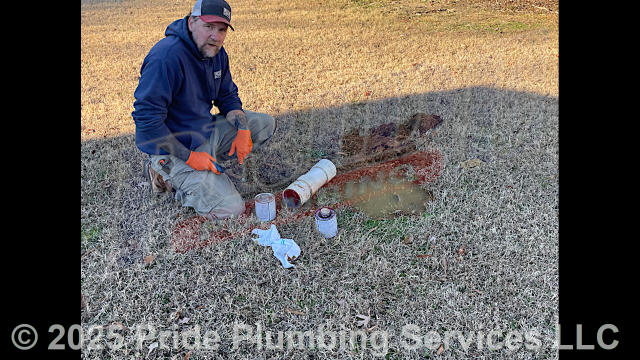 Pride Plumbing was called out for gurgling sounds in the drainpipes and a sewage leak underneath the home. We dug down to and uncovered the outside main sewer septic drain line, cut into it, and installed a new two-way PVC cleanout with a cap (connecting it to the existing outside main sewer septic drain line by gluing the pipe). We tried clearing the blockage through the new cleanout using a water pressure jetter device, but we soon determined that the stoppage was on the town's side. We advised the customer to contact the town to come out and clear the drain line. We also put down lime underneath the home to help with the sewage odor.