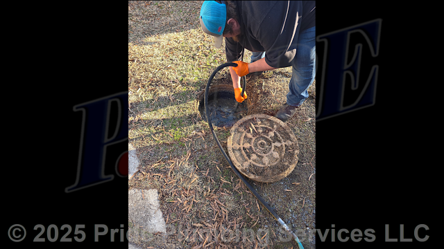 Pride Plumbing was called out for gurgling sounds in the drainpipes and a sewage leak underneath the home. We dug down to and uncovered the outside main sewer septic drain line, cut into it, and installed a new two-way PVC cleanout with a cap (connecting it to the existing outside main sewer septic drain line by gluing the pipe). We tried clearing the blockage through the new cleanout using a water pressure jetter device, but we soon determined that the stoppage was on the town's side. We advised the customer to contact the town to come out and clear the drain line. We also put down lime underneath the home to help with the sewage odor.