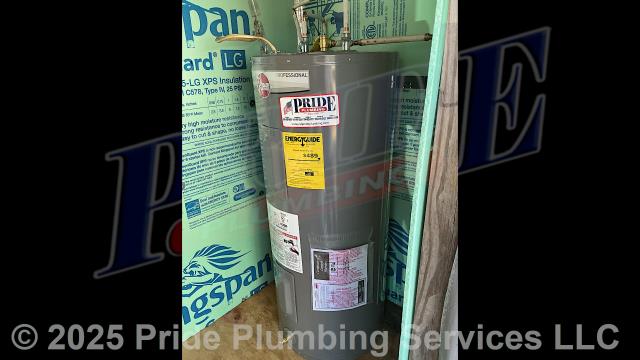 Pride Plumbing came out and replaced a non-working 40-gallon electric water heater with a new 40-gallon electric Rheem PROE40-M2-RH95 model. First, after disconnecting its electrical connections and inlet and outlet water lines, we removed and disposed of the old water heater. Then we installed the new water heater, ball water shut-off valves, PEX and stainless-steel water supply lines to the water heater connectors, a brass drain valve, and wired up the electrical connections to the new water heater (adding a Romex connector). Finally, we bled the air out of the water lines, ensured that the unit’s temperature and pressure (T&P) relief valve was properly vented, and set the unit to its appropriate operating temperature.