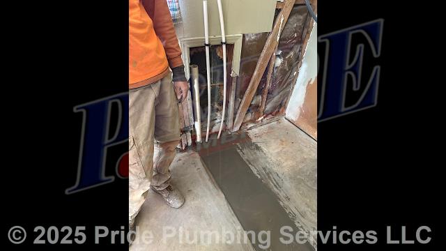 Pride Plumbing came out and performed the following work: 1) marked on a concrete floor an area to be trenched out; 2) sawed, jackhammered, and dug out a trench across the room from one wall to the other; 3) placed PVC drain and PEX water piping in the floor and made the drain connections on both sides, roughing them up inside a wall access; 4) filled in the trench with gravel and then mixed concrete and poured it in the trench, covering the new piping; 5) replaced all affected fixtures and reconnected their water and drain lines; and 6) installed PEX water supply lines for a new water heater, washer box, and laundry sink.