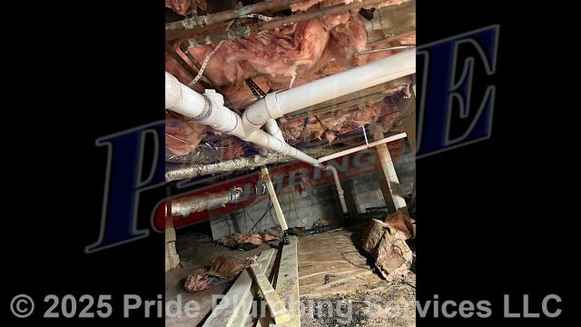 Pride Plumbing came out and repiped and replaced the drain lines under the house in the crawlspace, going to a) the fixtures in the kitchen (sink and dishwasher) and one bathroom (sink, toilet, and bathtub/shower - replacing the toilet bowl's flange and wax seal gasket, the bathtub/shower drain, and the P-traps underneath all the sinks); and b) the washing machine - installing new PVC piping, fittings and supports under the house for each fixture and air admittance valves inside the home where needed. We also dug down to the outside main sewer septic drain line outside the home’s foundation, cut it and added a PVC two-way cleanout, and covered up the hole we dug.