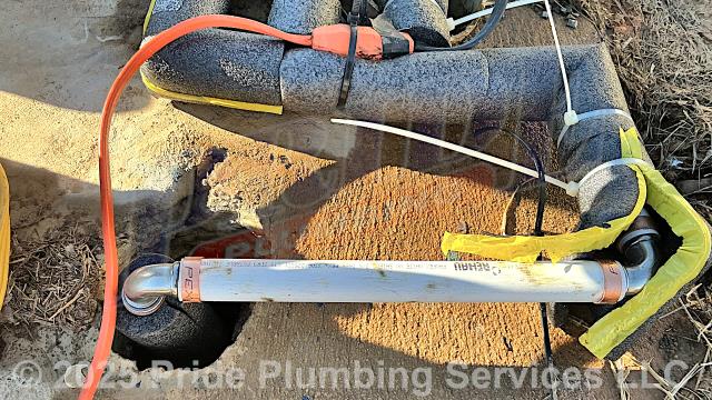 Pride Plumbing was called out for a water leak at a well. Our inspection found that a PVC outlet pipe had frozen and burst. We cut out the PVC pipe and replaced it with new PEX piping and fittings. We also provided a cost estimate to trench a ditch from the well to the building and replace the main outside water supply line with new black roll and PEX piping and fittings.