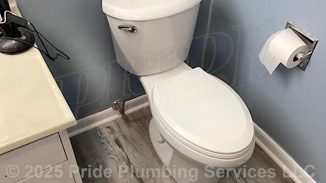 Pride Plumbing came out and replaced a toilet with a new customer-supplied American Standard model. This included draining and pulling the old toilet, inspecting and cleaning the flange, replacing the toilet bowl, toilet tank, tank to bowl gasket and bolts, seat, wax ring gasket, toilet bowl bolts, toilet bowl bolt washers, toilet bowl bolt caps, and above-floor stainless steel braided water supply line. Once installed, we tested for leaks and proper operation with no issues. We also pulled and reset a second toilet that was leaking at its base, installing new toilet bolts, wax ring gasket, and braided stainless-steel water supply line.
