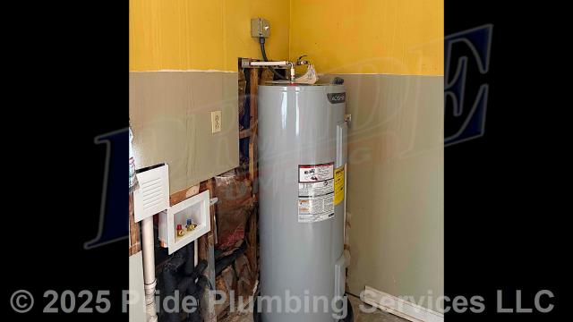 Pride Plumbing came out and performed the following work: 1) ran new PEX water supply lines for a washing machine, water heater, and utility sink; 2) ran new PVC drain piping for the washing machine and utility sink; 3) tied in a new PVC vent line for the washing machine and utility sink; 4) installed a new customer-supplied A.O. Smith water heater; and 5) tested for leaks proper working order of all installations.