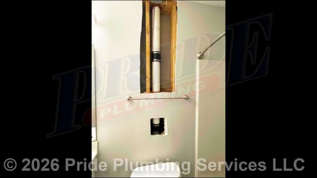 Pride Plumbing came out and cut a section out of the main drain stack and started to repair a section of pipe. Upon trying to make the repair, we noticed that the pipe was loose lower down inside the wall. We cut two access holes in the drywall to access that section of pipe. We found a Fernco coupling that was connected but not tight and that the pipe coming down from the main drain stack was too short. We removed the Fernco coupling, cut and replaced the short section of pipe with a longer piece of PVC pipe, and used two Fernco couplings to reconnect it. We then went back up and made the repair on the main drain stack. We also pulled and reset a toilet on a second-floor guest bathroom and set a second toilet in the master bathroom.