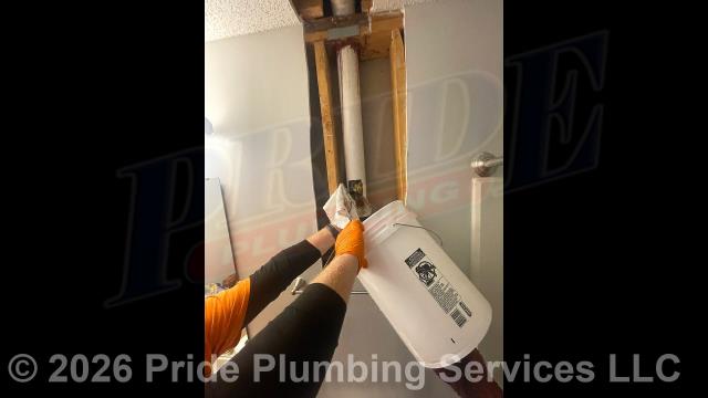 Pride Plumbing was called out for a clogged PVC drainpipe between two floors of the building. We went to the first floor, and after cutting an access hole in the wall, we cut the pipe open and pulled the stoppage out. We then used a Fernco coupling and reconnected the pipe.