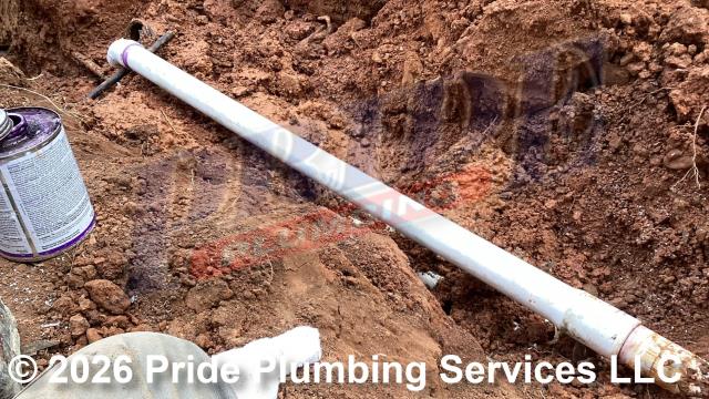 Pride Plumbing was called out for a water leak in the yard - a company was digging with a backhoe and broke a polybutylene water pipe, a PVC water pipe, and PVC drainpipe. We cut out the damaged sections of all three pipes and repaired the polybutylene pipe with new PEX piping and fittings, the PVC water pipe with new PVC piping and fittings, and the PVC drainpipe with new PVC piping and fittings. We turned the water back on and tested for leaks with no further issues. We also provided a cost estimate to trench a ditch from the water meter to the home and replace the main outside water supply line with new black roll and PEX piping and fittings along with installing a new pressure reducing valve (PRV) and ball water shutoff valve at the water meter.