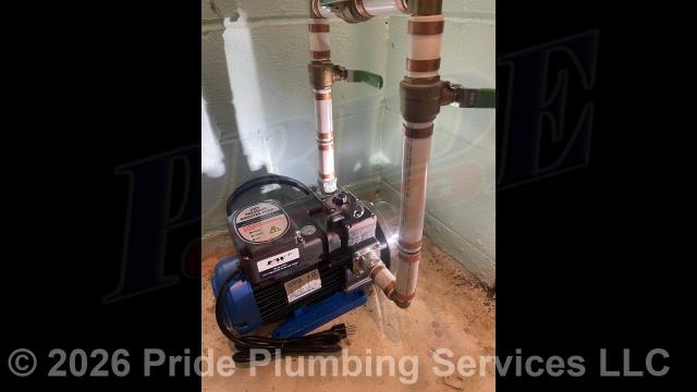 Pride Plumbing came out and cut out and replaced a malfunctioning city pressure booster pump with a new Flint and Walling VP10 model. We connected the new booster pump to the home's existing water line with new PEX piping and fittings and added inlet and outlet ball shutoff valves. We tested for leaks and proper operation with no further issues.