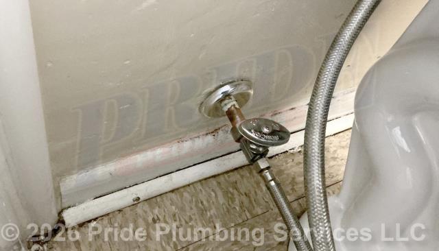 Pride Plumbing was called out for a leaking toilet tank water supply stop. After shutting off the water, we replaced the water supply stop (connecting it to the tank's existing copper water supply line going behind the wall with new PEX piping and fittings) along with the tank's above-floor braided stainless steel water supply line. We then turned the water back on and tested for leaks and proper operation with no issues.