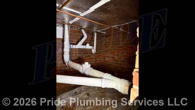 Pride Plumbing came out and repiped and replaced the drain lines under the house in the crawlspace, going to a) the fixtures in the kitchen (sink and dishwasher) and two bathrooms (sinks, toilets, and bathtubs/showers - replacing the toilet bowl flanges and wax ring gaskets, the bathtub/shower drains, and the P-traps underneath all the sinks, and the bathtub/shower's waste and overflow); and b) the washing machine - installing new PVC piping, fittings and supports under the house and up through the flooring for each fixture and air admittance valves inside the home where needed.