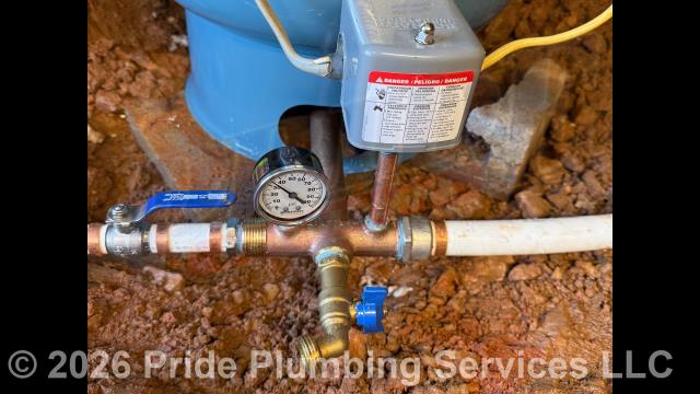 Pride Plumbing was called out for low water pressure from a well. When we arrived, we checked the pressure on the well's 40-gallon pressure tank, and it was at 65lbs. The pressure tank was also waterlogged and on a 40/60 pressure switch. We removed the pressure tank, tank tee, pressure gauge, 40/60 pressure switch, and boiler drain and replaced them with a new 20-gallon pressure tank, tank tee, pressure gauge, 30/50 pressure switch, and boiler drain. We also replaced the well's piping with new PEX piping and fittings (adding a ball shutoff valve) and tied its filtration system back in. 