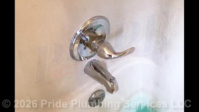Pride Plumbing came out and replaced a leaking single-handle bathtub/shower faucet valve with a new single-handle model with chrome trim (faucet valve handle and cover, downspout, and diverter). This included cutting an access in the shower wall and replacing the valve along with short sections of its hot- and cold-water supply lines with new PEX piping and fittings. We also provided a cost estimate to repipe and replace the water supply and drain lines in the crawlspace, going to all the fixtures in the home (the kitchen, one bathroom (toilet, sink, and bathtub/shower), a washing machine, and a water heater), with new PEX and PVC piping respectively; installing new fittings and supports under the house for each fixture.
