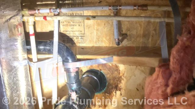 Pride Plumbing was called out for a water leak underneath the home. Our inspection found two cracked and leaking CPVC water supply line fittings. We cut out the leaking fittings and short sections of pipe and repaired them with new PEX piping and fittings.