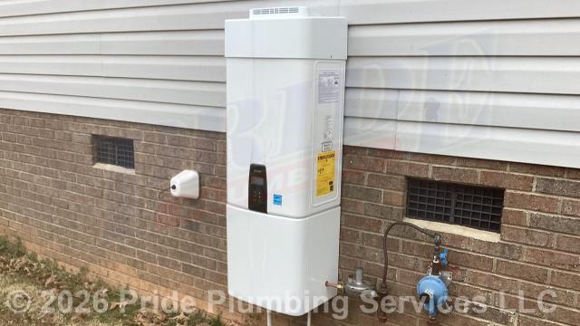 Pride Plumbing came out and replaced a non-working Rinnai tankless water heater with a new Navien 240S tankless model without a NAVICIRC recirculation pump. This included 1) removing and disposing of the old water heater along with its electrical wiring, venting, and gas and water supply lines; 2) installing the new tankless unit along with its service valves, PEX and stainless steel water lines to the unit's water connections, copper gas supply line, gas regulator, drip leg, gas shutoff valve, and condensation and intake lines; 3) converting the unit from natural gas to propane and wiring it up; 4) ensuring that it was properly vented; and 5) lighting and programming the unit.
