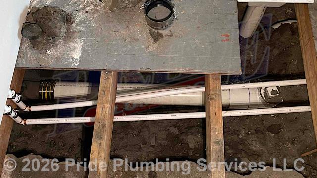 Pride Plumbing came out and performed the following work: 1) dug down underneath the floor and uncovered a cast iron drain line at the front wall and replaced that section of drain line with new PVC piping and fittings; 2) dug down underneath the floor to a cast iron drain line at the back section of the drain line in the kitchen area and replaced that section of drain line with new PVC piping and fittings; 3) in the middle section of the cast iron drain, dug down underneath the floor and uncovered a cast iron drain line and replaced that section of drain line with new PVC piping and fittings; and 4) tested the three sections of new drain pipe for leaks and proper drainage.