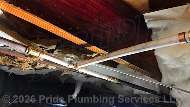 Pride Plumbing was called out for a water leak underneath the home. We found a leak on a copper water supply line tee. After shutting off the water, we cut out the leaking tee and a short section of copper pipe and repaired them with new PEX piping and fittings. We then cut the water back on, drained out any debris at an outside hose bib spigot, and tested for leaks with no further issues. We also provided a cost estimate to repipe and replace the water supply lines under the house in the crawlspace, going to the fixtures in the kitchen (sink faucet, dishwasher, and ice maker), two bathrooms (sinks, toilets, and bathtubs/showers), the washing machine (installing a new plastic washer box and hot and cold hose bibs or boiler drains), and the water heater, with new PEX piping and fittings (installing new 1/4 turn water shut-off valves on each fixture inside the house along with new above-floor stainless steel braided water supply lines) and replace two outside hose bib spigots.