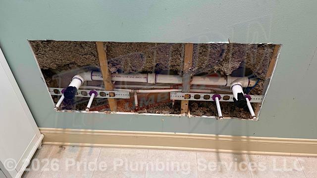 Pride Plumbing came out and pulled a two-sink bathroom vanity away from the wall (disconnecting its water and drain lines), cut an access in the wall, and replaced the drain piping behind the wall with new PVC piping and fittings.