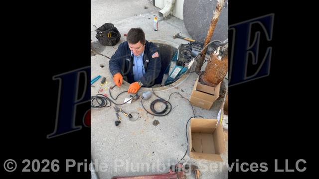 Pride Plumbing came out and, after pumping out their sewage basin, pulled two sewage grinder pumps and their float switches, replaced them with new Liberty LSG203M Omnivore models, installed new ball valve/check valve/union combos, connected the electrical wiring to their control box, and tested the pumps.