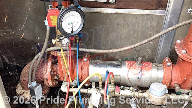 Pride Plumbing came out and inspected and tested three reduced pressure zone (RPZ) backflow assemblies (Watts 909RP, LM009MQ3T, and LM009MQ2T models). We tested the backflows and they both passed inspection. Pride Plumbing filed the appropriate certification paperwork with the appropriate agencies.