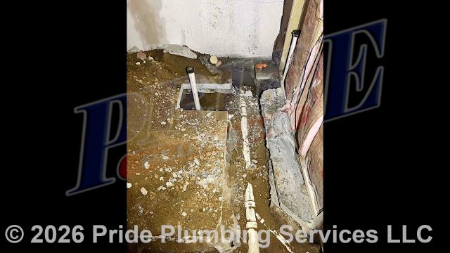 Pride Plumbing came out and cut into and removed a section of interior concrete flooring; dug down and located a clogged section of cast iron drain line; cut out and replaced the leaking section of pipe with new PVC piping and fittings, adding a floor cleanout; and after testing for leaks, replaced the soil and concrete we took out.