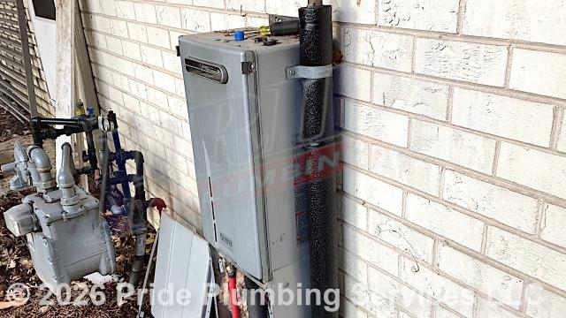 Pride Plumbing was called out for a water leak on a Rinnai R94LS tankless water heater. Our inspection found the leak on the cold-side water inlet pipe. We removed and replaced the line with new PEX piping and fittings. We then placed insulation around the piping to protect it from freezing.