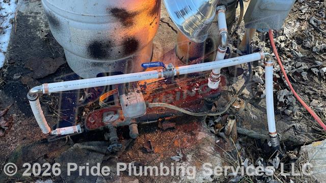 Pride Plumbing was called out for a burst water pipe at a well. Our inspection found that all of the well's PVC piping had frozen and one pipe had burst. We cut out and removed all the frozen pipes, replaced them with new PEX piping and fittings, and added a ball shutoff valve. We then tested the well for leaks and proper operation with no issues.