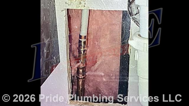 Pride Plumbing came out and performed the following work: 1) removed the sheetrock from the ceiling on the second floor and underneath the sink in a third floor's master bathroom; 2) cut the copper water supply line and attempted to remove any obstructions which had been causing low water pressure on the hot side of the bathroom sink faucet (we didn't find anything); 3) removed a hammer arrestor and replaced it with a new water supply stop; 4) replaced a short section of the copper pipe we cut with new PEX piping and copper to PEX transition fittings; and 5) after the water line had been cleared or repaired, tested for leaks and proper operation of the fixtures in the bathroom.
