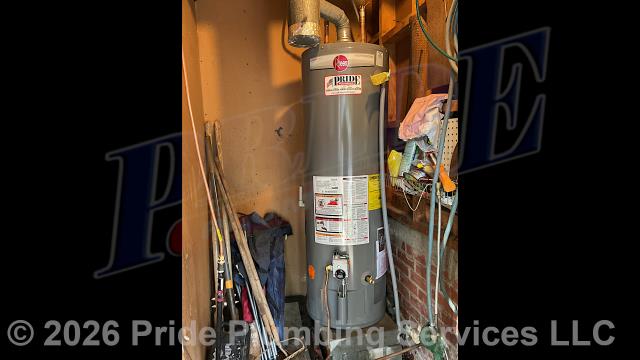 Pride Plumbing came out and replaced a leaking 40-gallon Bradford White MI40T6LN10 natural gas A.O. Smith water heater with a new 40-gallon natural gas Rheem PROG40-38N-RH62 model with an atmospheric vent. This included removing and disposing of the old water heater along with its electrical wiring, venting, and gas and water supply lines; and installing the new water heater, new ball water shut-off valves, new PEX and stainless steel water supply lines and copper gas supply lines to the water heater connectors, a temperature and pressure (T&P) relief valve, a brass drain valve, atmospheric vent and ensuring the unit was properly vented, and lighting the pilot and adjusting its flame.