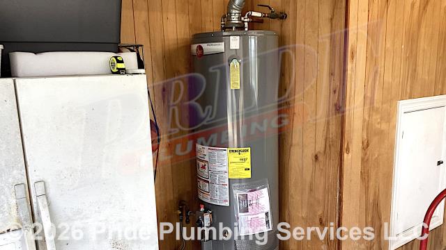 Pride Plumbing came out and replaced a leaking 50-gallon LP gas water heater with a new 50-gallon LP gas Rheem PROG50-36P-RH62 model with an atmospheric vent. This included removing and disposing of the old water heater along with its electrical wiring, venting, and gas and water supply lines; and installing the new water heater, new ball water shut-off valves, new PEX and stainless steel water supply lines and copper gas supply lines to the water heater connectors, a temperature and pressure (T&P) relief valve, a brass drain valve, atmospheric vent and ensuring the unit was properly vented, and lighting the pilot and adjusting its flame.