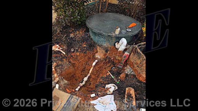 Pride Plumbing was called out for a water leak in the yard. We dug down and found a leak on a section of the drain line going to a sewer pump basin. We cut out the faulty section of pipe and repaired it with new PVC pressure piping and fittings and added a ball check valve. After allowing the glue to dry, we tested the repair for leaks with no further issues. We also called in our septic pumping truck; removed the basin’s lid, pumped out the basin, ensured proper drainage and flushing, and reset the lid.