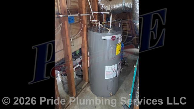 Pride Plumbing came out and replaced two leaking 40-gallon electric Bradford White water heaters with a new 50-gallon electric Rheem PROE50-M2-RH95 model. First, after disconnecting the two 40-gallons' electrical connections and inlet and outlet water lines (capping off one set), we removed and disposed of the old water heaters. Then we installed water heater pads, the new 50-gallon water heater, ball water shut-off valves, PEX and stainless-steel water supply lines to the water heater's connectors, a brass drain valve, and wired up the electrical connections to the new water heater (adding a Romex connector). Finally, we bled the air out of the water lines, ensured that the unit's temperature and pressure (T&P) relief valve was properly vented, and set the unit to its appropriate operating temperature.