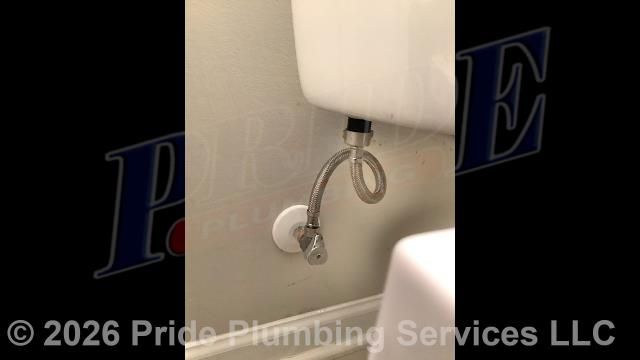 Pride Plumbing was called out for a leaking toilet tank push-on style water supply stop. After shutting off the water, we replaced the water supply stop (connecting it to the tank's existing copper water supply line going behind the wall with new PEX piping and fittings) along with the tank's above-floor braided stainless steel water supply line. We then turned the water back on and tested for leaks and proper operation with no issues.