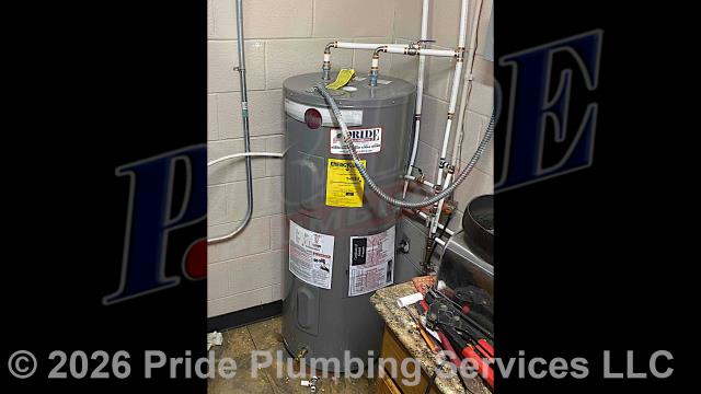 Pride Plumbing came out and installed a new 40-gallon electric Rheem water heater. After running new PEX water lines over to the unit, we installed water heater pads, the new water heater, a thermal expansion tank, ball water shut-off valves, PEX and stainless-steel water supply lines over to the water heater connectors, a brass drain valve, and wired up the electrical connections to the new water heater (adding a Romex connector). Then we bled the air out of the water lines, ensured that the unit’s temperature and pressure (T&P) relief valve was properly vented, and set the unit to its appropriate operating temperature.