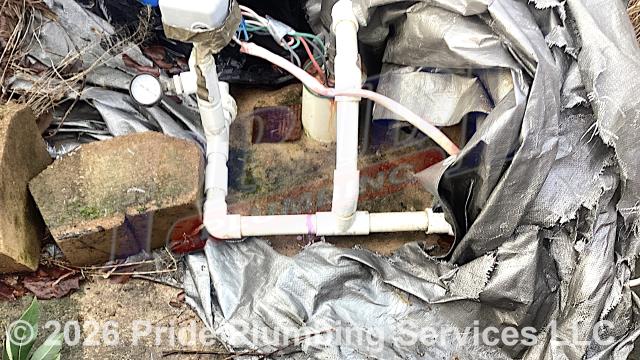 Pride Plumbing was called out for a water leak at a well. Our inspection found that a PVC water line had frozen and burst at a fitting. We cut out the fitting and a short section of pipe and replaced them with new PEX piping and fittings. We provided a cost estimate to replace the well's 30/50 pump switch, pressure gauge, and pressure tank and charge the tank.