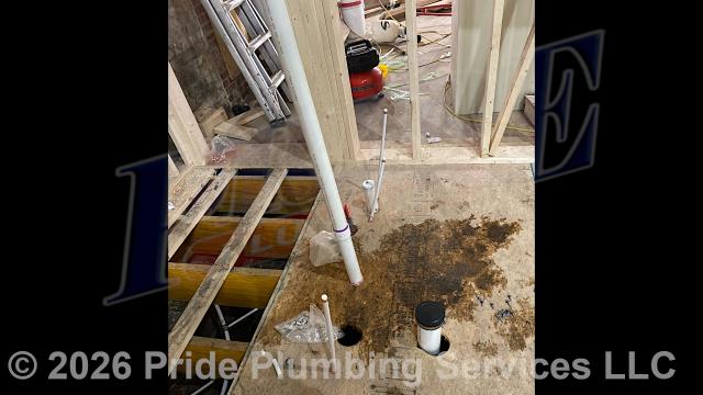 Pride Plumbing came out and performed the following work: 1) removed the drain line for a toilet flange and extended it over to a new toilet's location and added a PVC vent pipe; 2) installed new PVC drain lines for three sinks: one in the bathroom, one in a closet, and one on the outside behind the closet; 3) installed a new PEX water supply line from the water main coming from a back storage area over to a water heater; 4) tied-in the water heater and ran both hot and cold water supply lines over to the fixture locations; 5) stubbed-up all the new drain and water piping through the floor so new walls could be installed; and 6) after the walls were installed, returned and completed the rough-in plumbing and called for an inspection.
