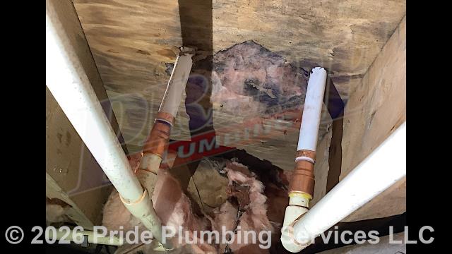 Pride Plumbing was called out for a water leak at a 40-gallon Rheem PROE40-M2-RH95 water heater. We found a leak coming from a shutoff valve near the unit. We cut out and replaced the leaking shutoff valve and a short section of CPVC pipe and repaired them with a new ball shutoff valve along with new PEX piping and fittings, connecting to the CPVC water supply lines in the crawlspace.