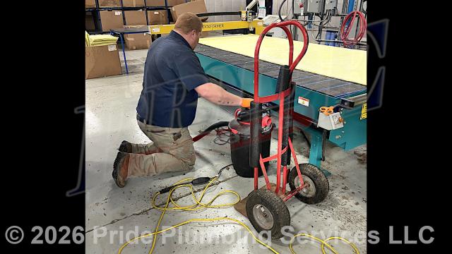 Pride Plumbing was called out for a stoppage in the main line at an insulation table that uses a jet cutter.  After unsuccessfully using a sewer machine, we used a ShopVac, removed a lot of debris from the drain line, and restored proper drainage.
