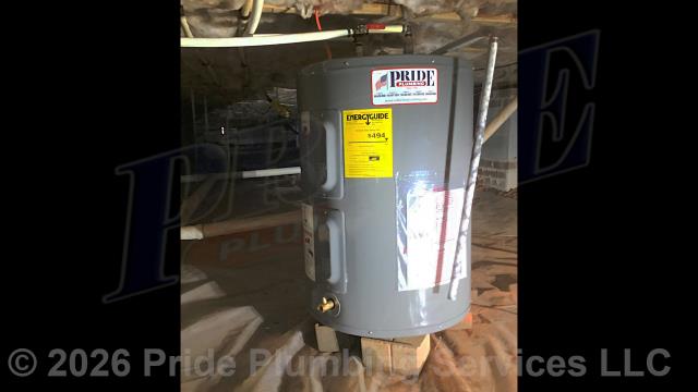 Pride Plumbing came out and replaced a leaking 38-gallon electric American E62-40L-045DV lowboy water heater with a new 38-gallon electric Rheem PROE38-S2-RH95-B lowboy model. First, after turning off the water and disconnecting the unit's electrical connections and inlet and outlet water lines, we removed and disposed of the old water heater. Then we installed the new water heater, ball water shut-off valves, PEX and stainless-steel water supply lines to the water heater connectors, a brass drain valve, and wired up the electrical connections to the new water heater (adding a Romex connector). Finally, we turned the water back on, tested for leaks, bled the air out of the water lines, ensured that the unit’s temperature and pressure (T&P) relief valve was properly vented, and set the unit to its appropriate operating temperature.